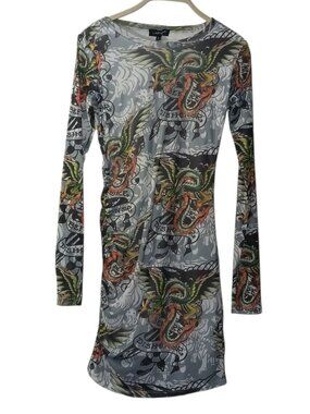 ed hardy dress long sleeve Womens Tattoo Collage Mesh Long Sleeve Dress